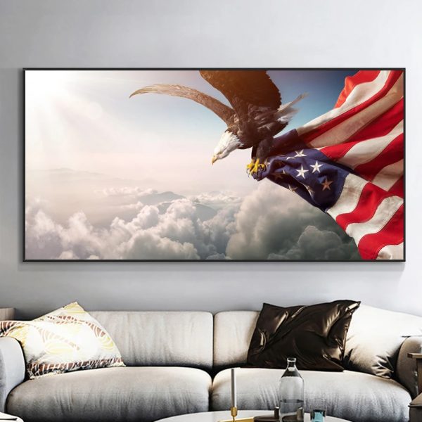 Canvas Eagle With American Flag Flies In Freedom